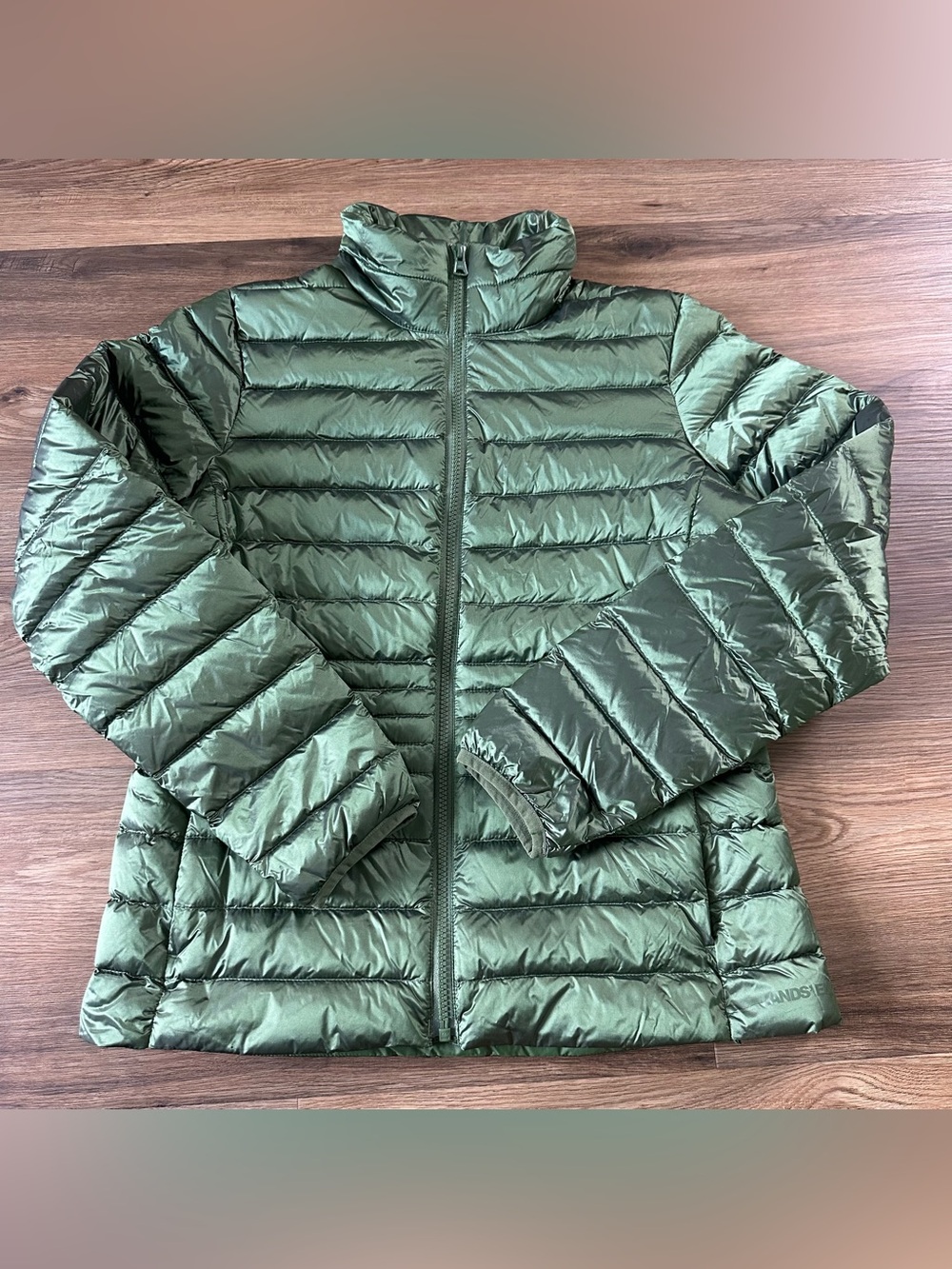 Lands End Down Puffer Jacket Women XS 2-4 Coat Full Zip Pockets Packable Green
